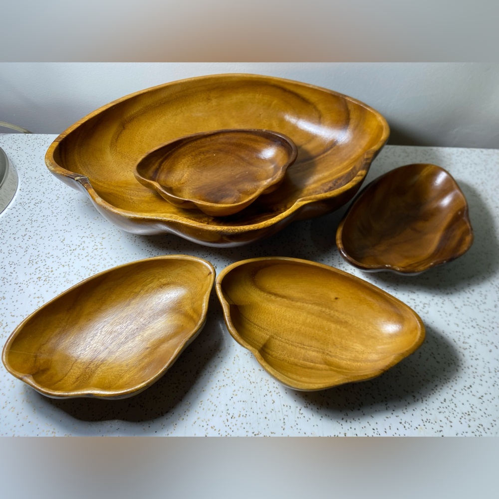 5pc set of vintage MCM monkey pod wood bowls